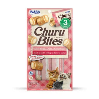 تشویقی بالشتی گربه اینابا مدل Churu Bites - روکش مرغ با مغز تن و سالمون (بسته ۳ عددی)