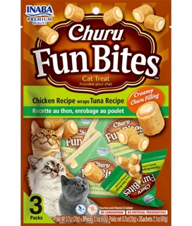 تشویقی مغزدار گربه اینابا مدل Churu Fun Bites - روکش مرغ با مغز ماهی تن (بسته ۳ عددی)