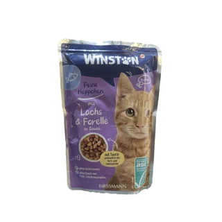 پوچ گربه وینستون طعم ماهی سالمون و قزل در سس وزن ۱۰۰ گرم