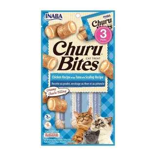تشویقی بالشتی گربه اینابا مدل Churu Bites - روکش مرغ با مغز تن و اسکامپی (بسته ۳ عددی)