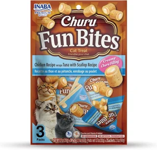 تشویقی مغزدار گربه اینابا مدل Churu Fun Bites - روکش مرغ با مغز ماهی تن و اسکامپی (بسته ۳ عددی)