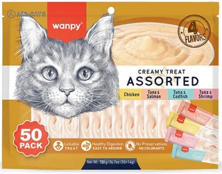 بسته‌ی اقتصادی تشویقی کرمی گربه ونپی (Wanpy) مدل Assorted (میکس ۴ طعم) - ۵۰ عددی